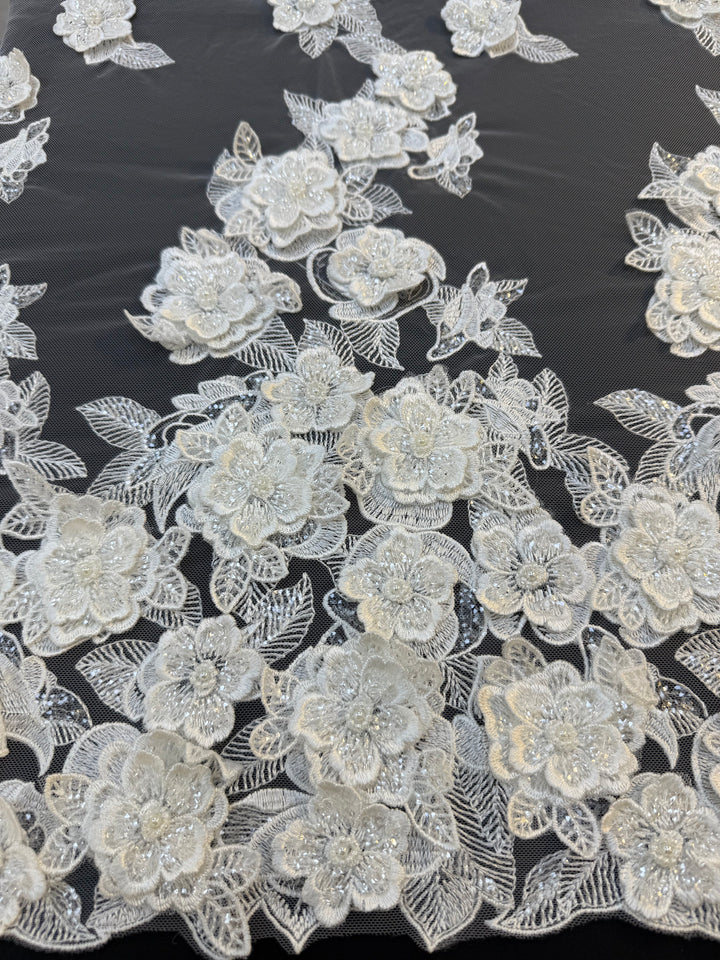 Ivory 3D Floral Beaded Lace Fabric with Sequins – Luxury Bridal Lace( 1 Piece = 2 Meter)
