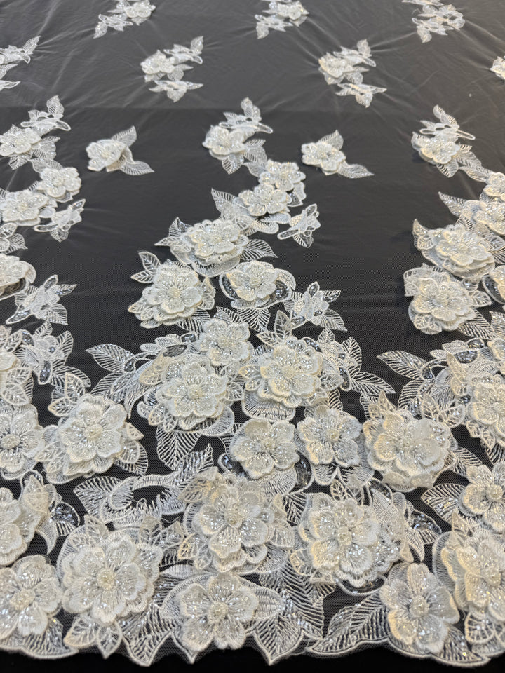 Ivory 3D Floral Beaded Lace Fabric with Sequins – Luxury Bridal Lace( 1 Piece = 2 Meter)