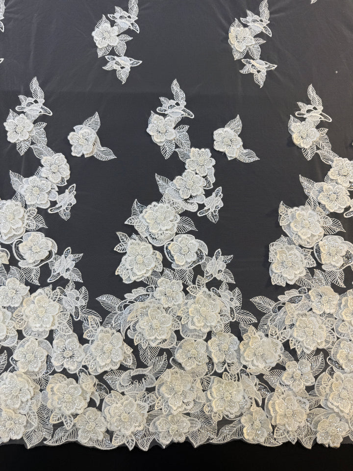 Ivory 3D Floral Beaded Lace Fabric with Sequins – Luxury Bridal Lace( 1 Piece = 2 Meter)