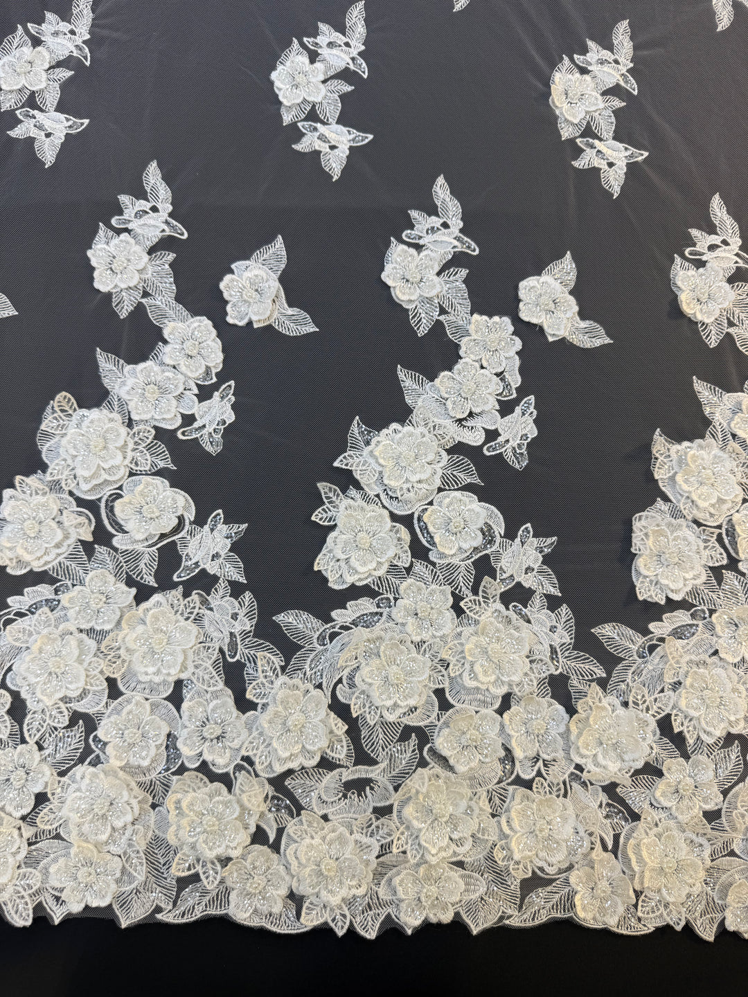 Ivory 3D Floral Beaded Lace Fabric with Sequins – Luxury Bridal Lace( 1 Piece = 2 Meter)