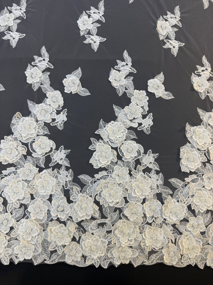 Ivory 3D Floral Beaded Lace Fabric with Sequins – Luxury Bridal Lace( 1 Piece = 2 Meter)