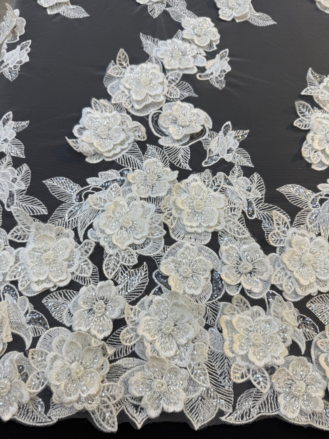 Ivory 3D Floral Beaded Lace Fabric with Sequins – Luxury Bridal Lace( 1 Piece = 2 Meter)