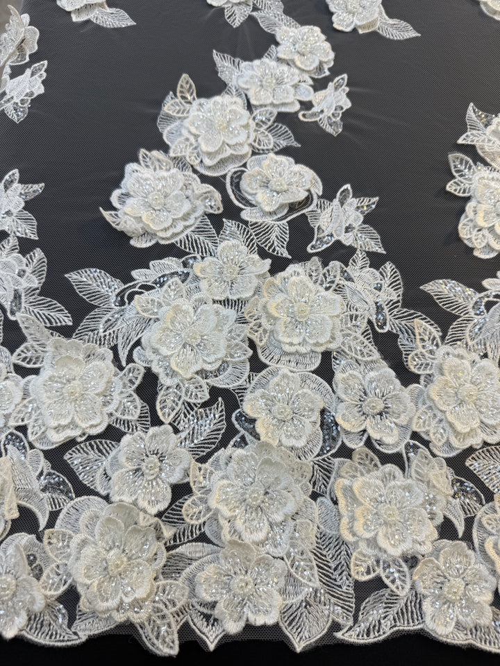 Ivory 3D Floral Beaded Lace Fabric with Sequins – Luxury Bridal Lace( 1 Piece = 2 Meter)