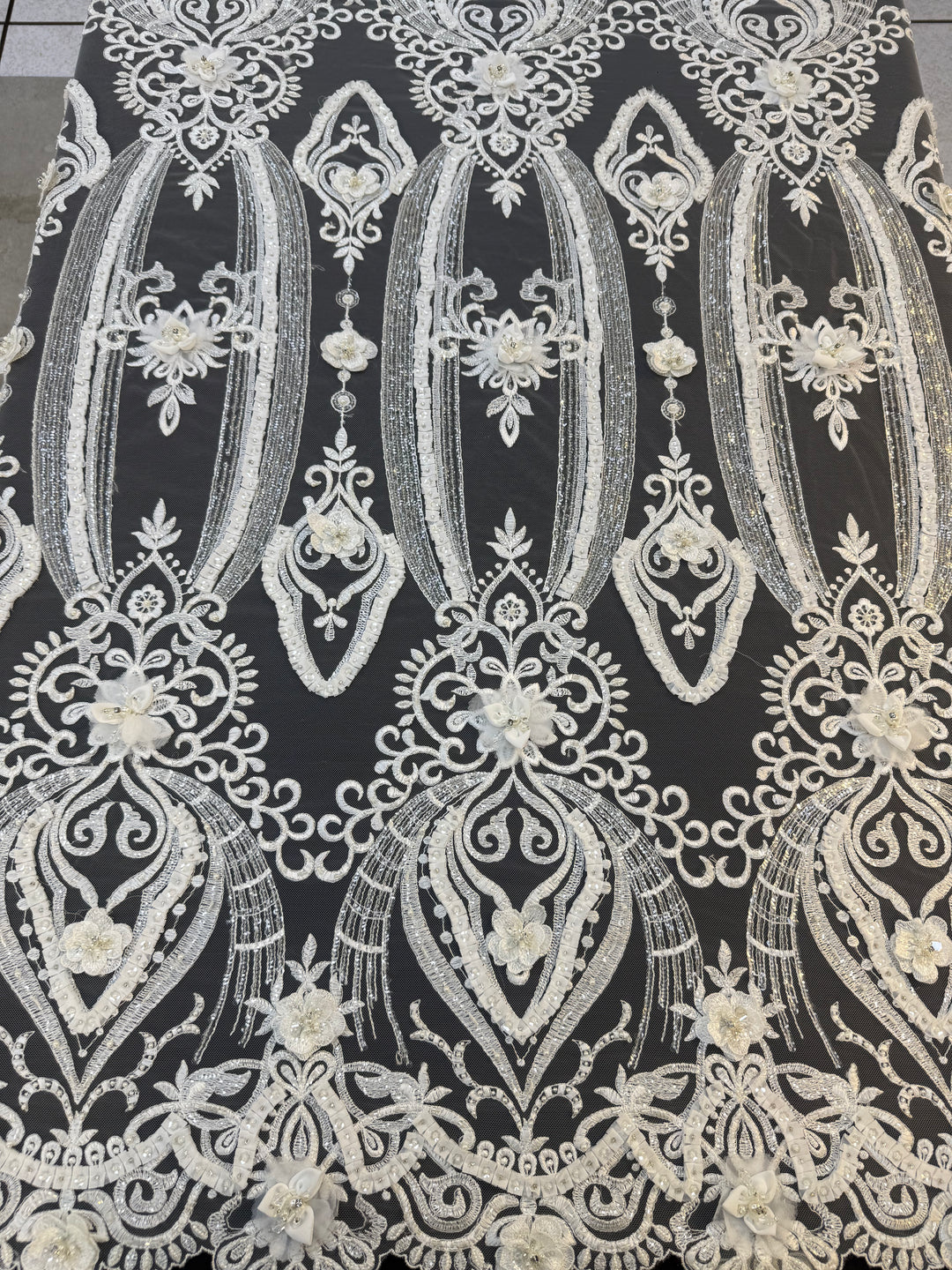 Luxury 3D Floral Beaded Lace Fabric with Sequins & Pearls – Ivory Bridal Couture Tulle ( 1 Piece = 5 Meter)