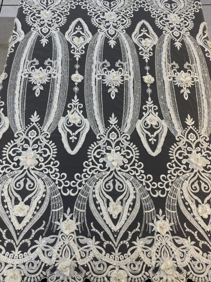 Luxury 3D Floral Beaded Lace Fabric with Sequins & Pearls – Ivory Bridal Couture Tulle ( 1 Piece = 5 Meter)