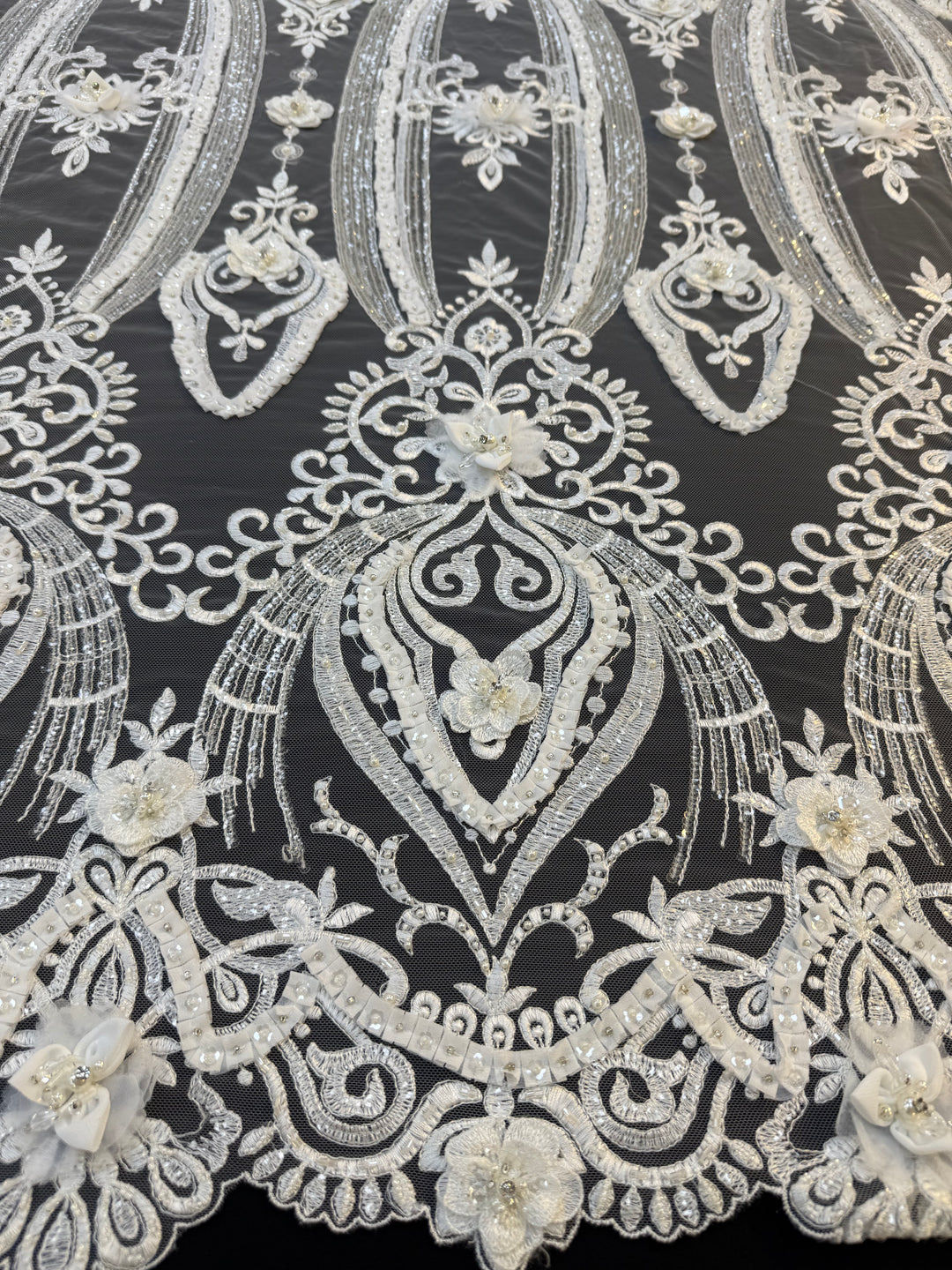 Luxury 3D Floral Beaded Lace Fabric with Sequins & Pearls – Ivory Bridal Couture Tulle ( 1 Piece = 5 Meter)