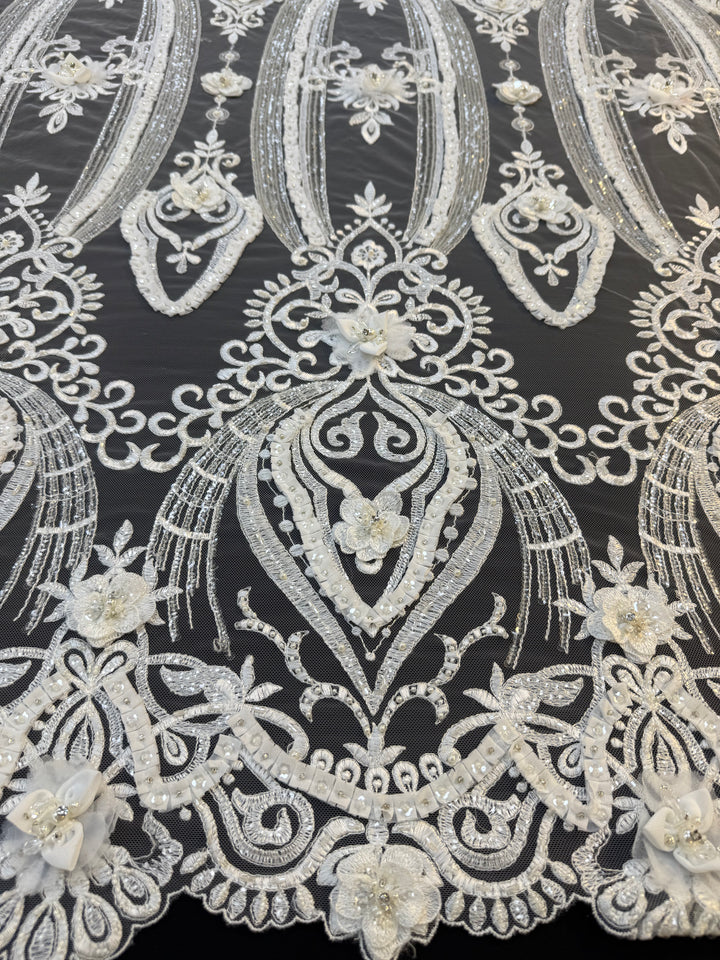 Luxury 3D Floral Beaded Lace Fabric with Sequins & Pearls – Ivory Bridal Couture Tulle ( 1 Piece = 5 Meter)
