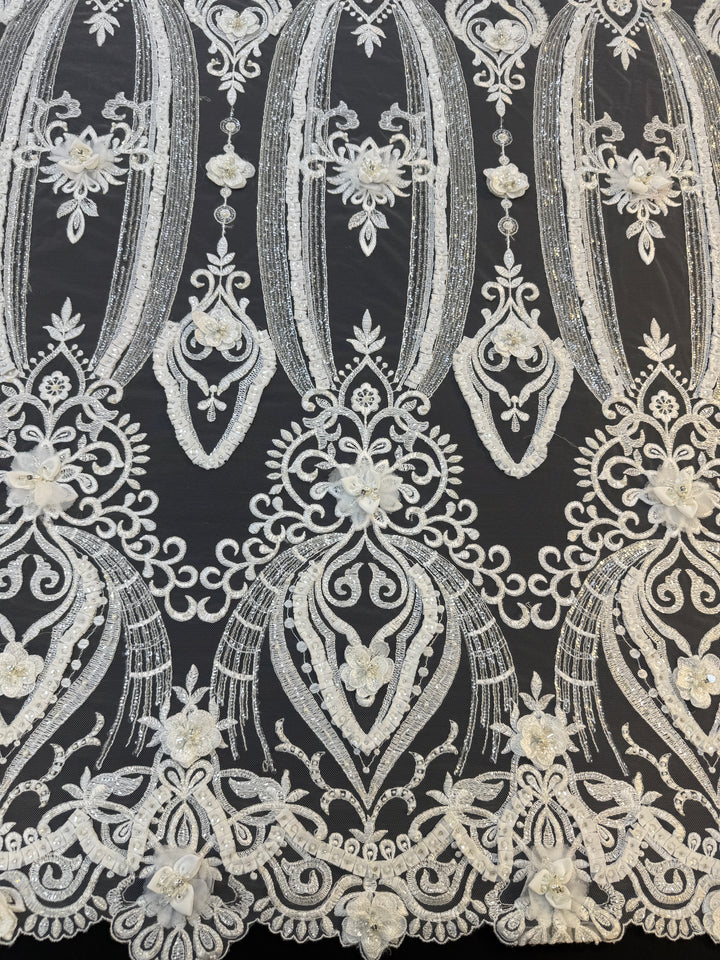 Luxury 3D Floral Beaded Lace Fabric with Sequins & Pearls – Ivory Bridal Couture Tulle ( 1 Piece = 5 Meter)