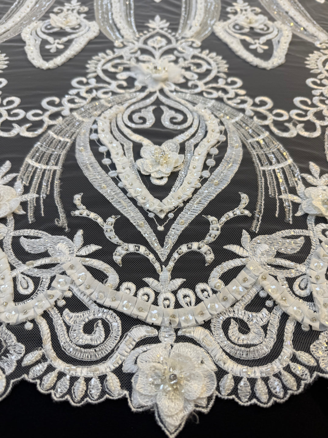 Luxury 3D Floral Beaded Lace Fabric with Sequins & Pearls – Ivory Bridal Couture Tulle ( 1 Piece = 5 Meter)