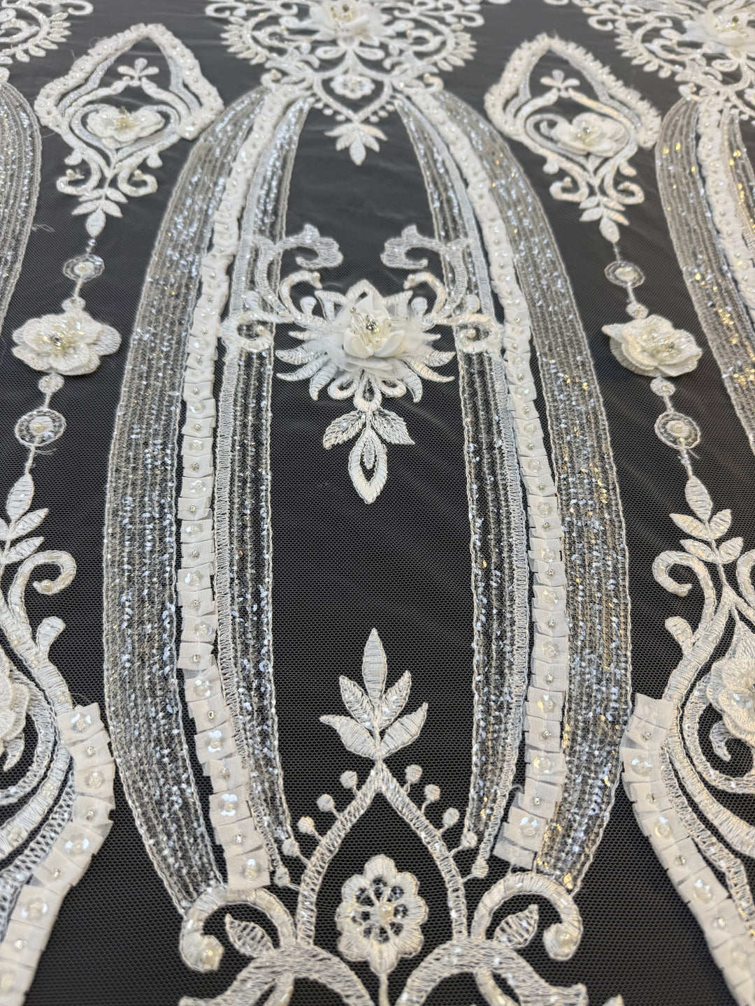 Luxury 3D Floral Beaded Lace Fabric with Sequins & Pearls – Ivory Bridal Couture Tulle ( 1 Piece = 5 Meter)