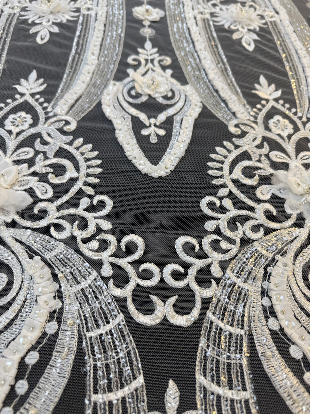 Luxury 3D Floral Beaded Lace Fabric with Sequins & Pearls – Ivory Bridal Couture Tulle ( 1 Piece = 5 Meter)