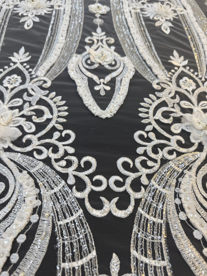 Luxury 3D Floral Beaded Lace Fabric with Sequins & Pearls – Ivory Bridal Couture Tulle ( 1 Piece = 5 Meter)