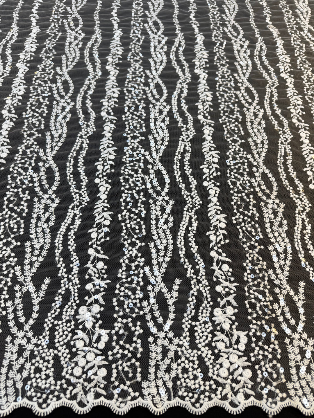 0Luxury White Floral Sequin Embroidered Tulle Lace Fabric – Bridal & Evening Wear