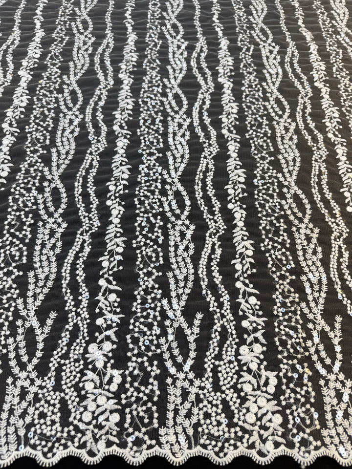 0Luxury White Floral Sequin Embroidered Tulle Lace Fabric – Bridal & Evening Wear