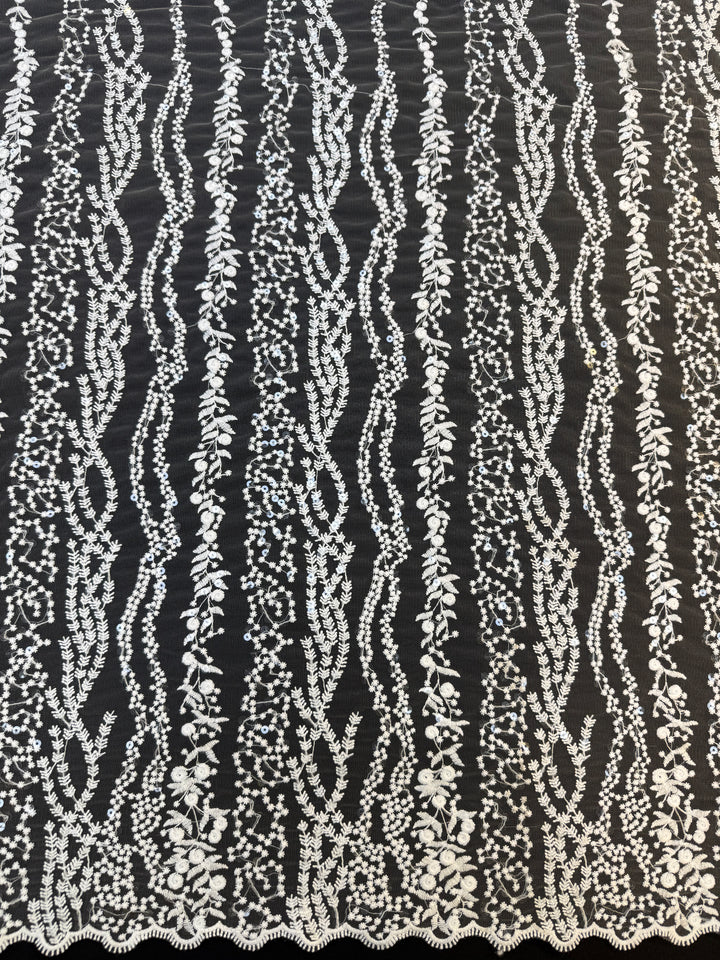 0Luxury White Floral Sequin Embroidered Tulle Lace Fabric – Bridal & Evening Wear