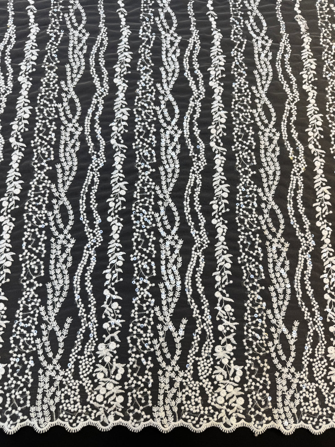 0Luxury White Floral Sequin Embroidered Tulle Lace Fabric – Bridal & Evening Wear