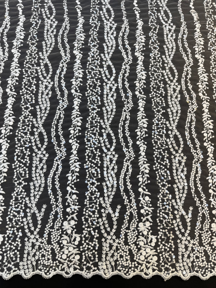 0Luxury White Floral Sequin Embroidered Tulle Lace Fabric – Bridal & Evening Wear