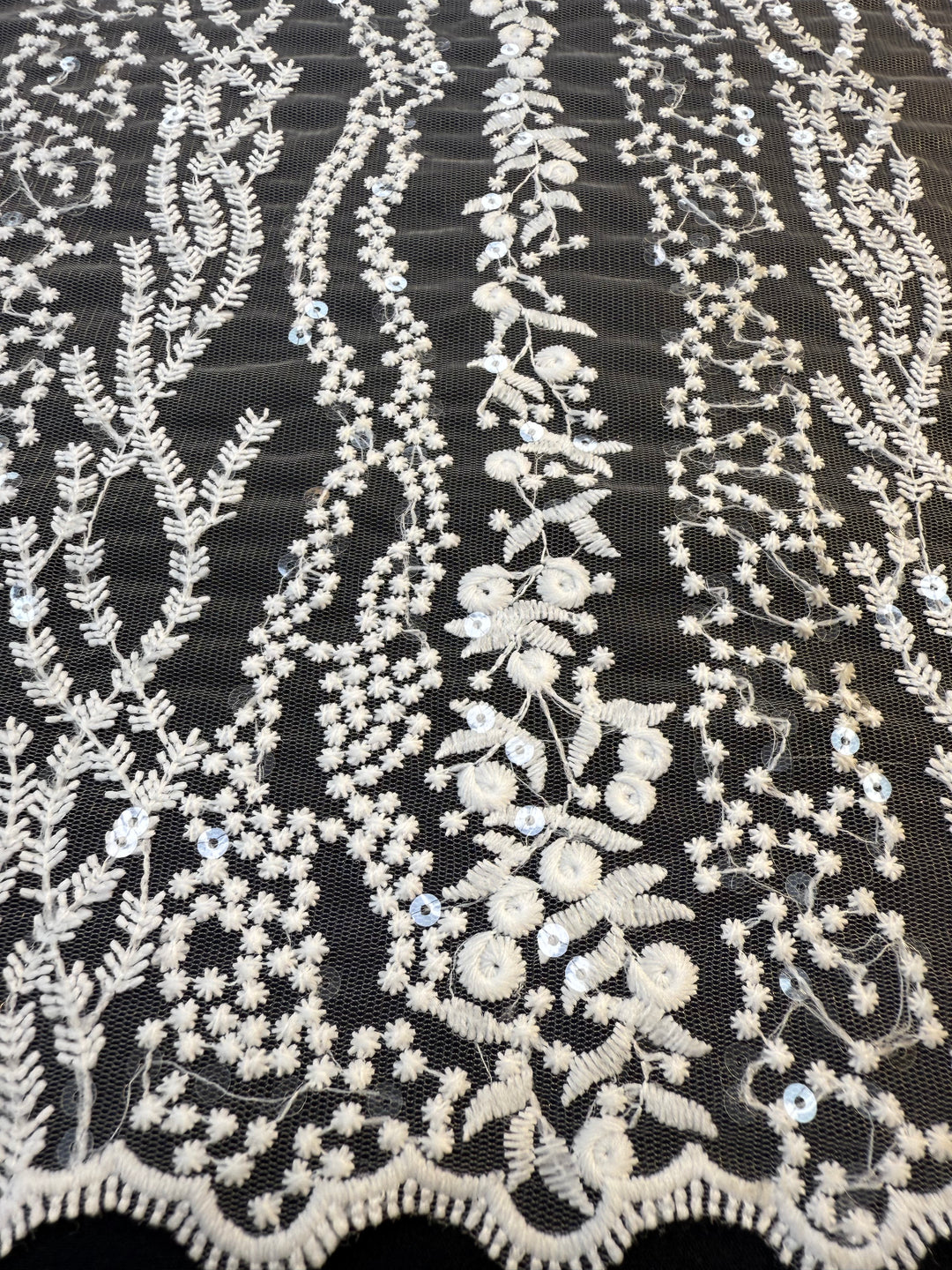 0Luxury White Floral Sequin Embroidered Tulle Lace Fabric – Bridal & Evening Wear