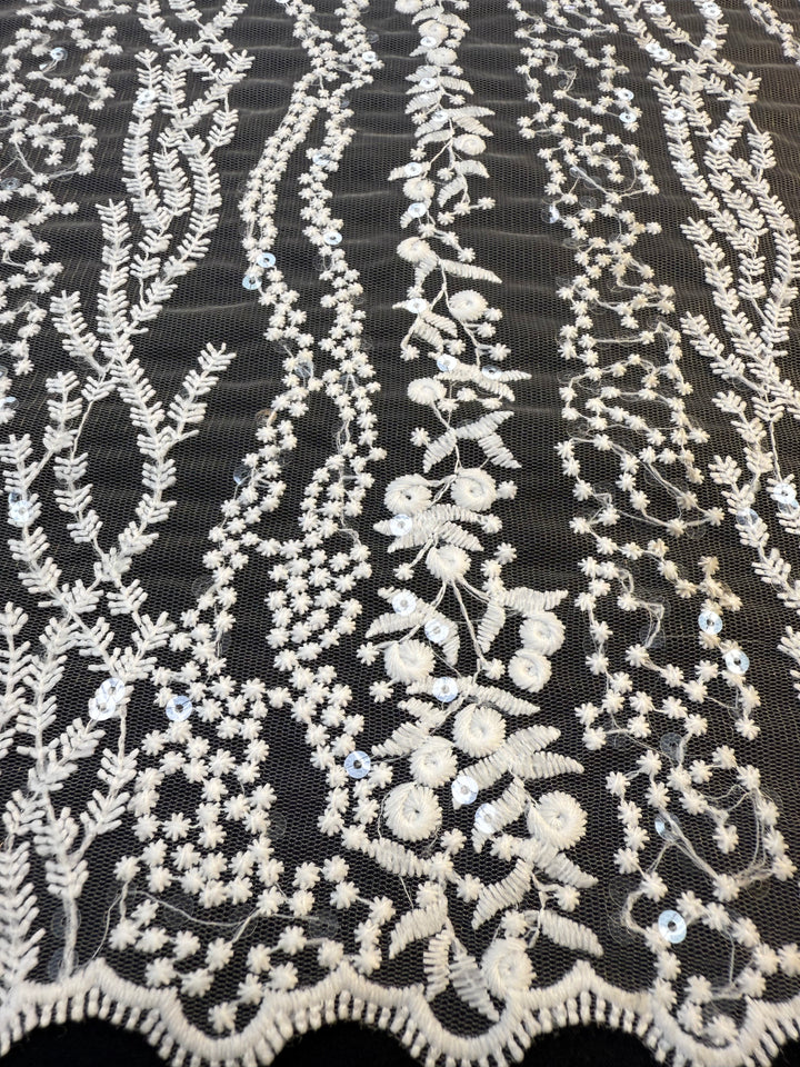 0Luxury White Floral Sequin Embroidered Tulle Lace Fabric – Bridal & Evening Wear