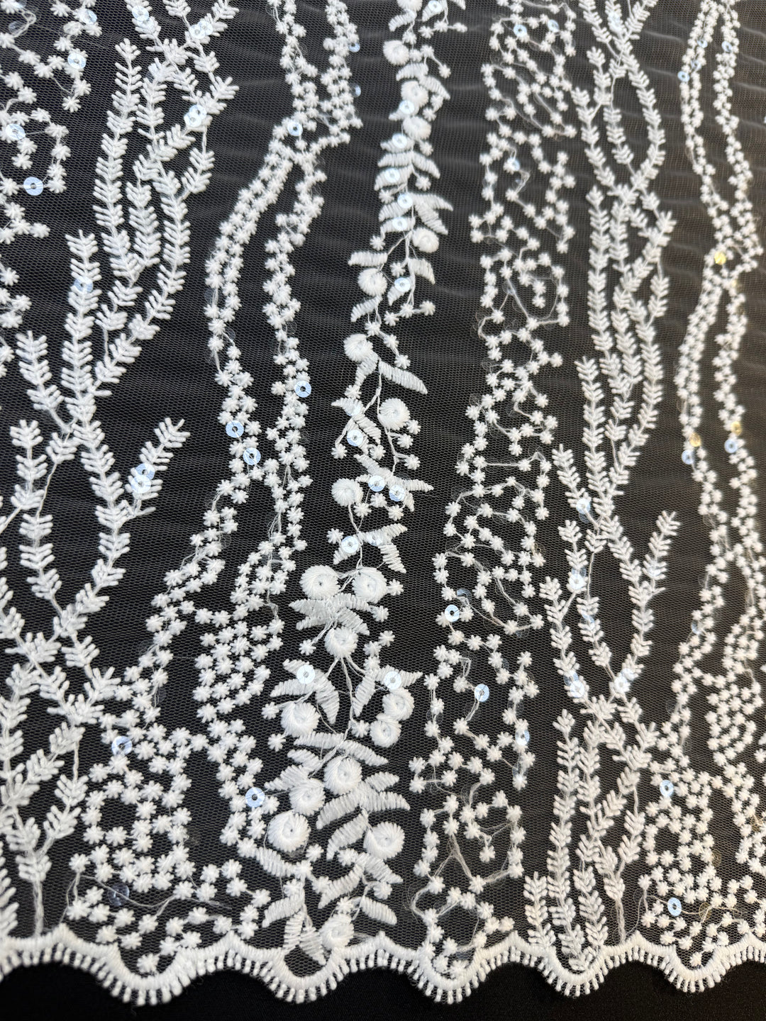 0Luxury White Floral Sequin Embroidered Tulle Lace Fabric – Bridal & Evening Wear