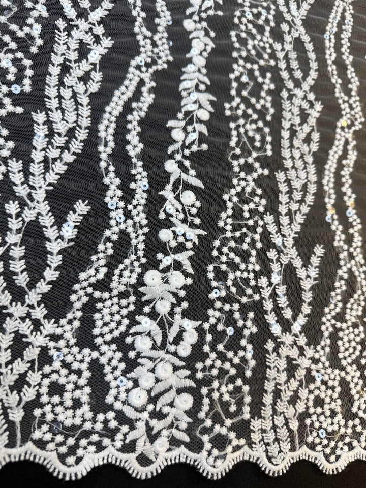 0Luxury White Floral Sequin Embroidered Tulle Lace Fabric – Bridal & Evening Wear