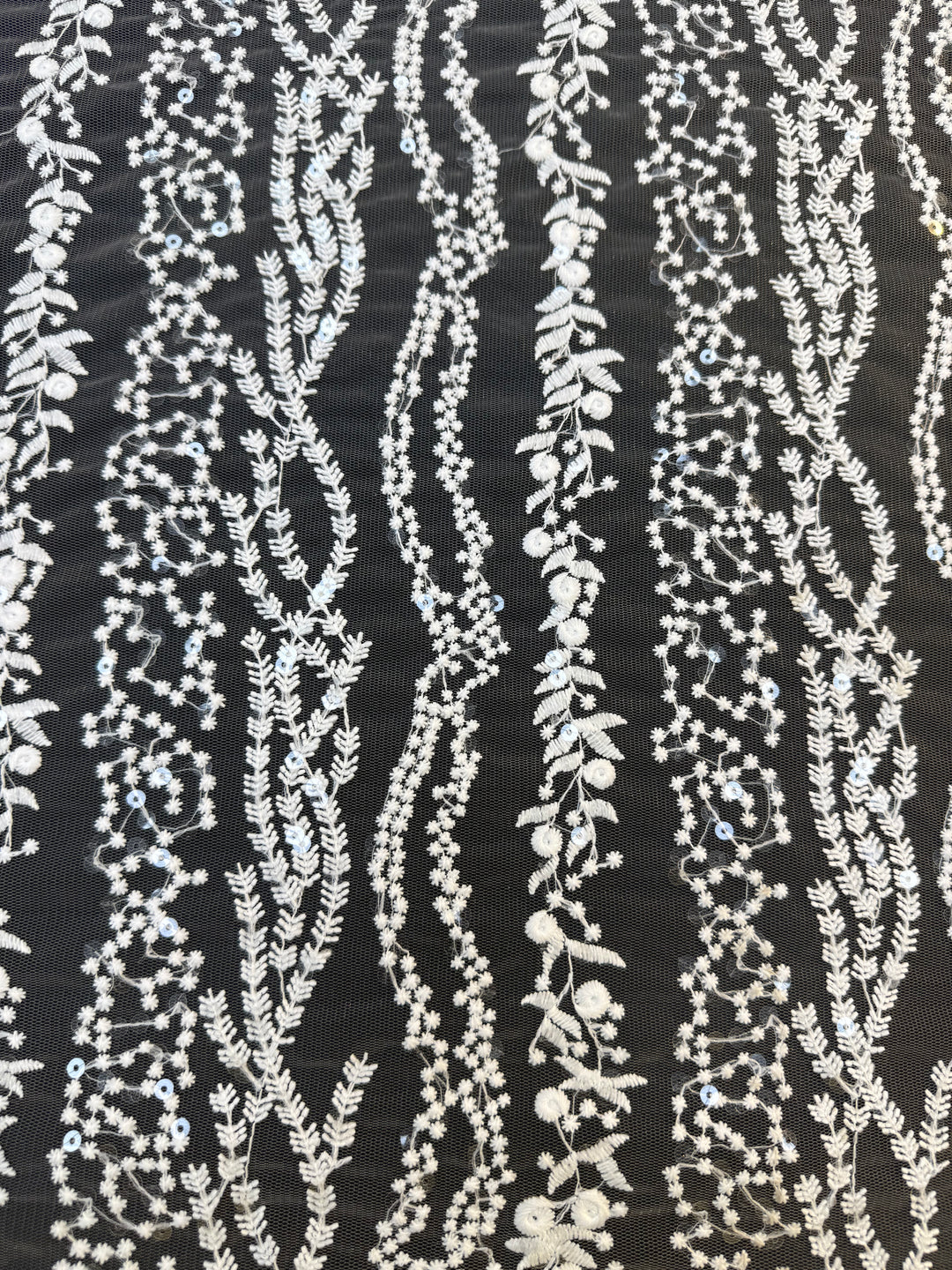 0Luxury White Floral Sequin Embroidered Tulle Lace Fabric – Bridal & Evening Wear