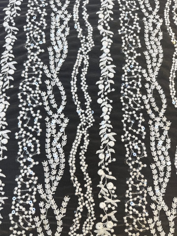0Luxury White Floral Sequin Embroidered Tulle Lace Fabric – Bridal & Evening Wear