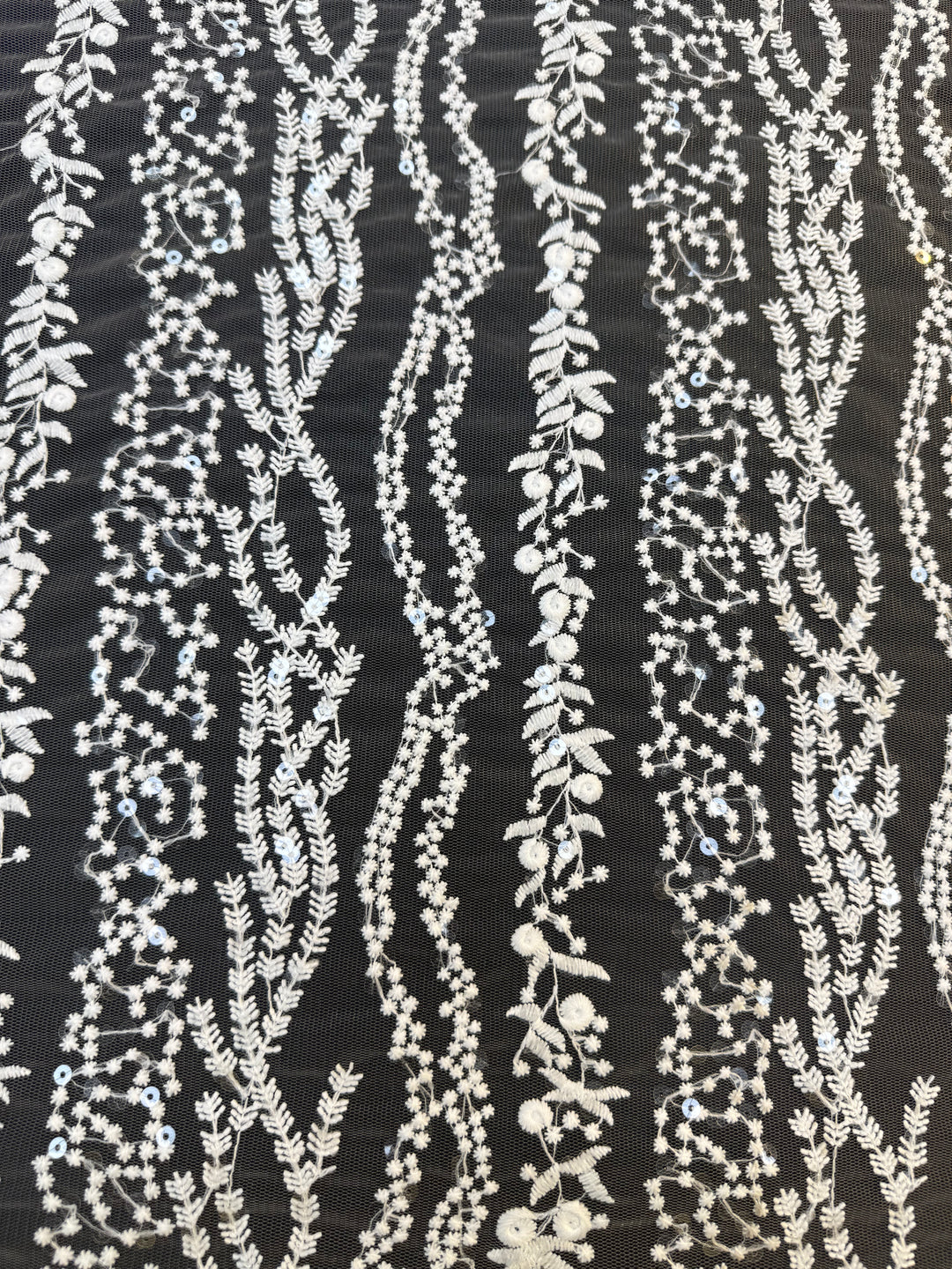 0Luxury White Floral Sequin Embroidered Tulle Lace Fabric – Bridal & Evening Wear