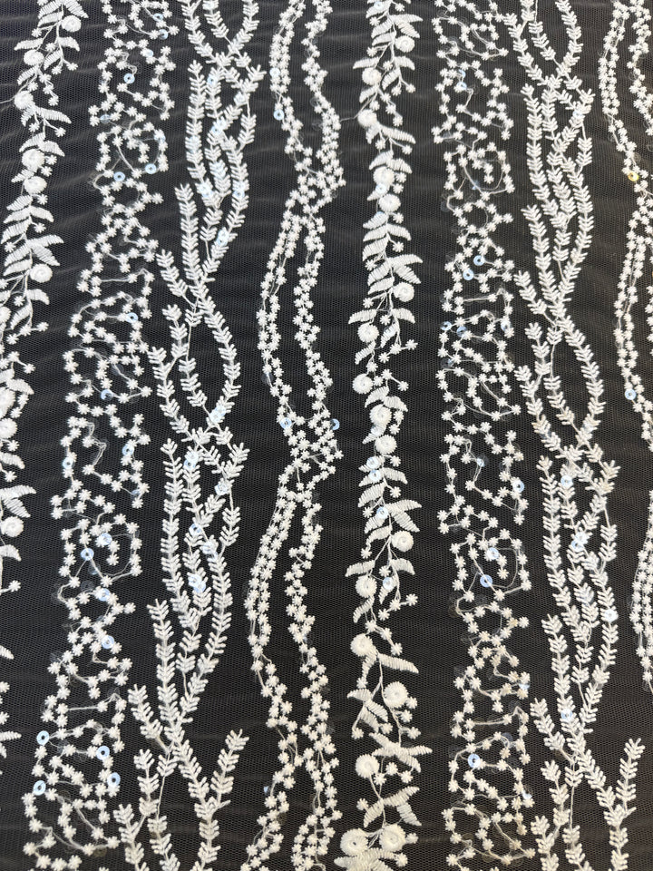 0Luxury White Floral Sequin Embroidered Tulle Lace Fabric – Bridal & Evening Wear