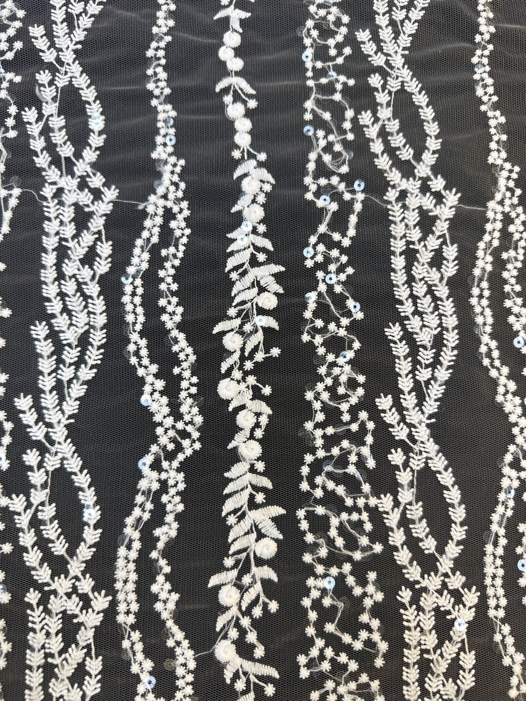 0Luxury White Floral Sequin Embroidered Tulle Lace Fabric – Bridal & Evening Wear
