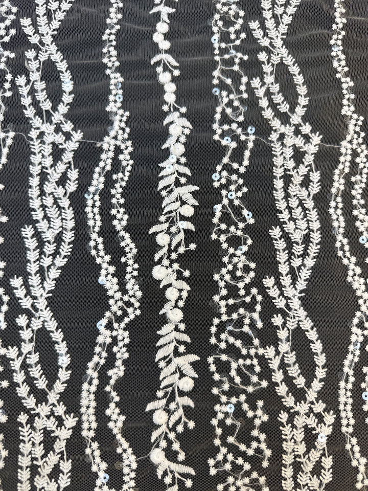 0Luxury White Floral Sequin Embroidered Tulle Lace Fabric – Bridal & Evening Wear