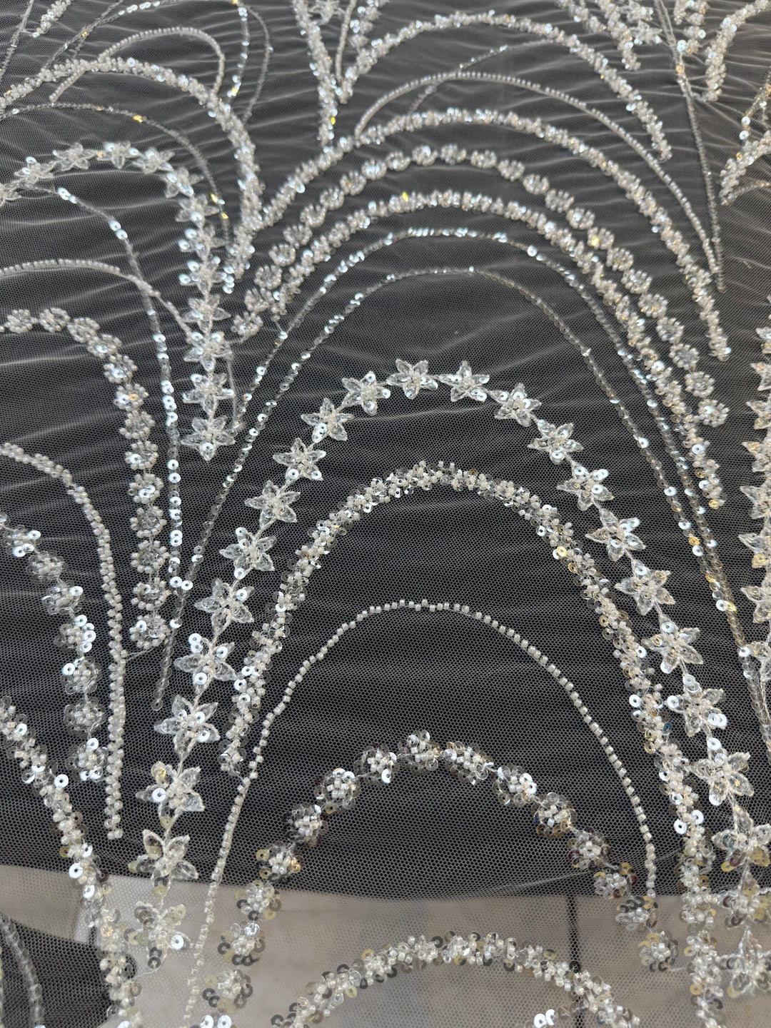 Luxury Silver Sequin & Star Embroidered Tulle Fabric – Celestial Glamour Couture Lace( 1 Piece = 3.5 Meter)