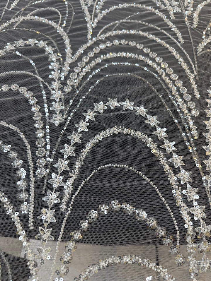 Luxury Silver Sequin & Star Embroidered Tulle Fabric – Celestial Glamour Couture Lace( 1 Piece = 3.5 Meter)