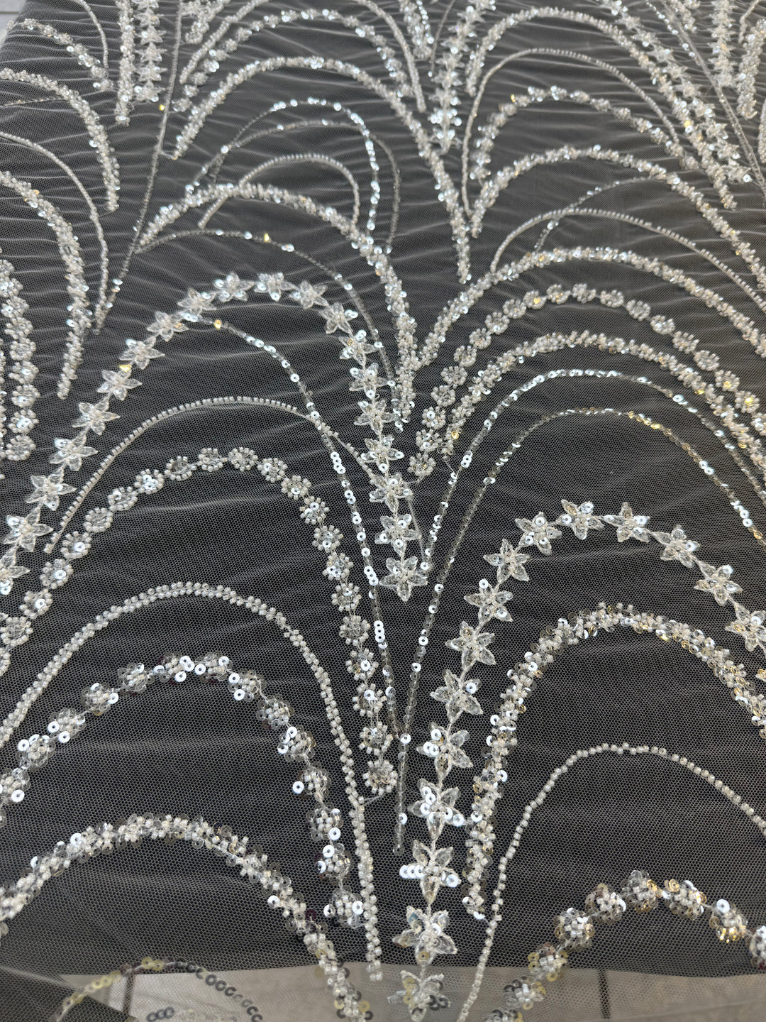 Luxury Silver Sequin & Star Embroidered Tulle Fabric – Celestial Glamour Couture Lace( 1 Piece = 3.5 Meter)