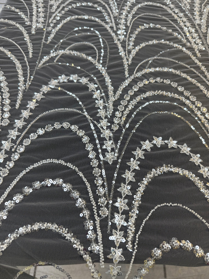Luxury Silver Sequin & Star Embroidered Tulle Fabric – Celestial Glamour Couture Lace( 1 Piece = 3.5 Meter)