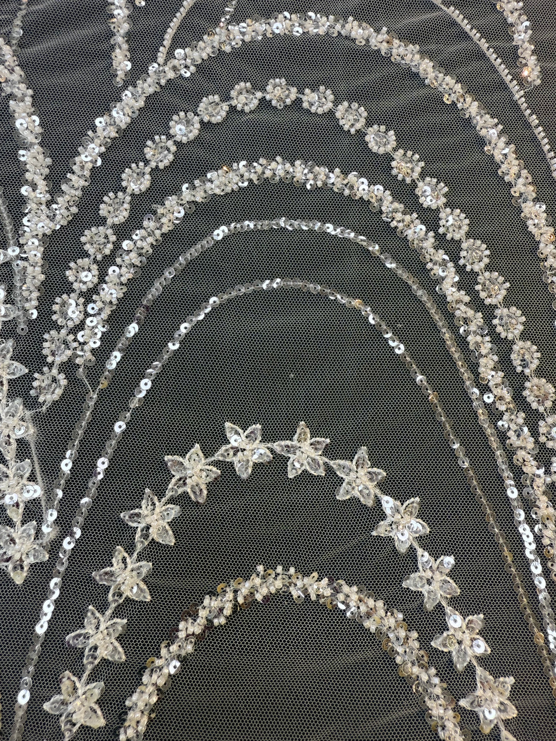 Luxury Silver Sequin & Star Embroidered Tulle Fabric – Celestial Glamour Couture Lace( 1 Piece = 3.5 Meter)