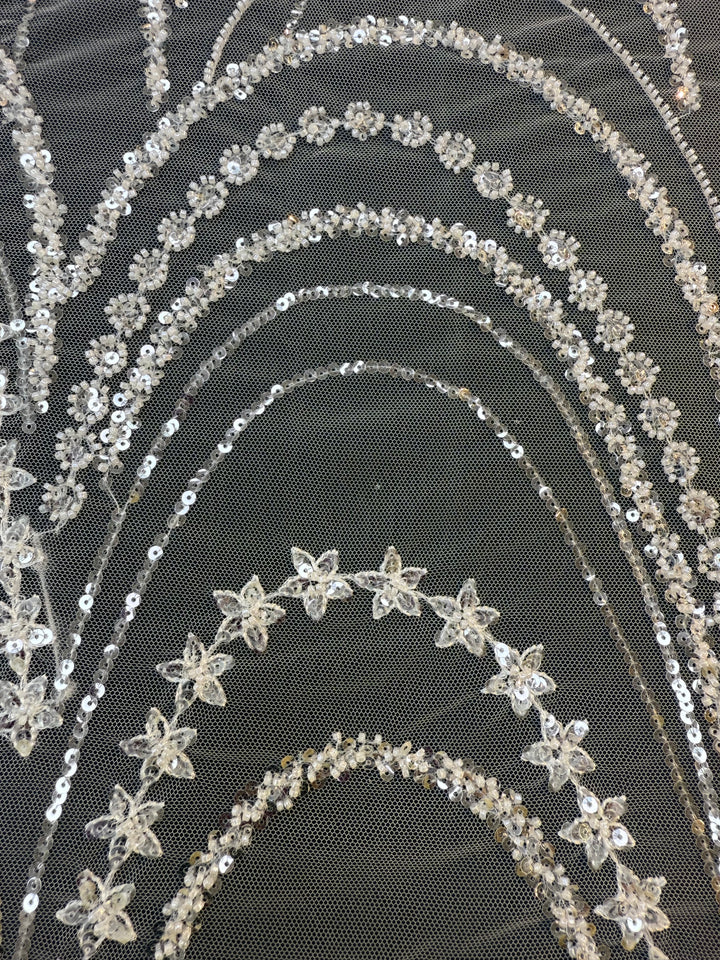 Luxury Silver Sequin & Star Embroidered Tulle Fabric – Celestial Glamour Couture Lace( 1 Piece = 3.5 Meter)