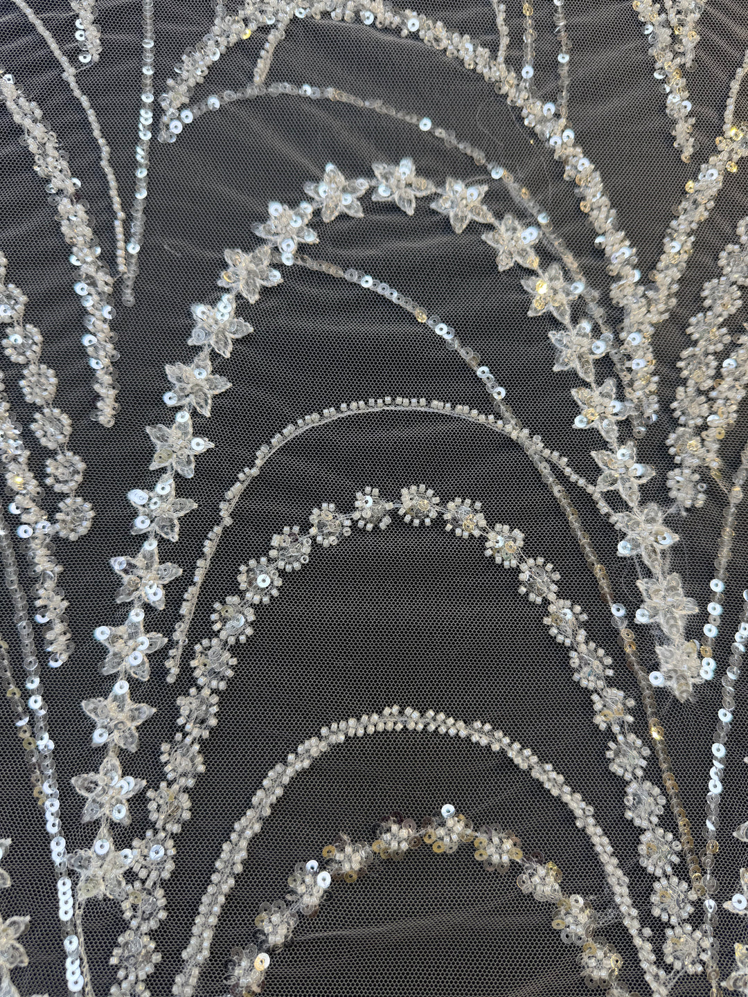 Luxury Silver Sequin & Star Embroidered Tulle Fabric – Celestial Glamour Couture Lace( 1 Piece = 3.5 Meter)