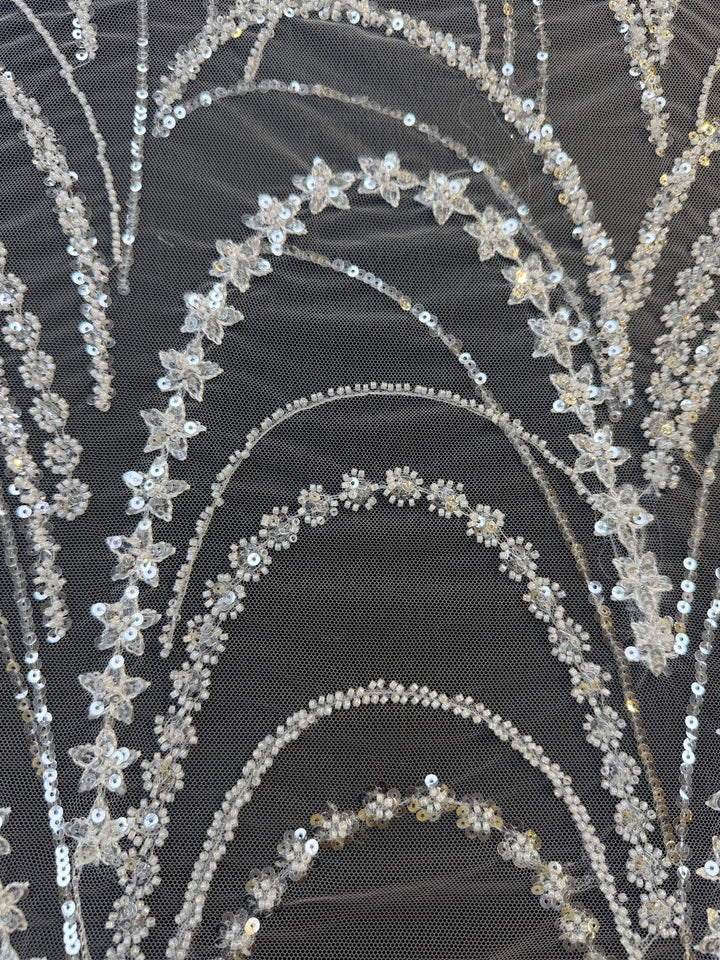 Luxury Silver Sequin & Star Embroidered Tulle Fabric – Celestial Glamour Couture Lace( 1 Piece = 3.5 Meter)
