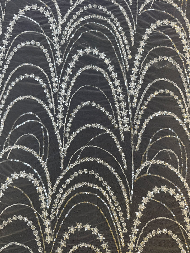 Luxury Silver Sequin & Star Embroidered Tulle Fabric – Celestial Glamour Couture Lace( 1 Piece = 3.5 Meter)