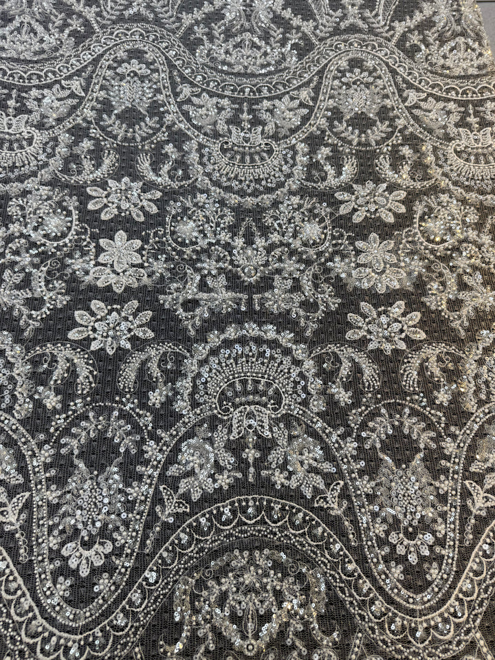 Luxury Baroque Silver Sequin Embroidered Tulle Lace – Royal Couture Fabric( 1 Piece = 3 Meter)