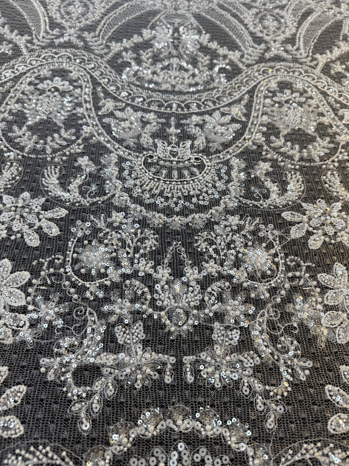 Luxury Baroque Silver Sequin Embroidered Tulle Lace – Royal Couture Fabric( 1 Piece = 3 Meter)
