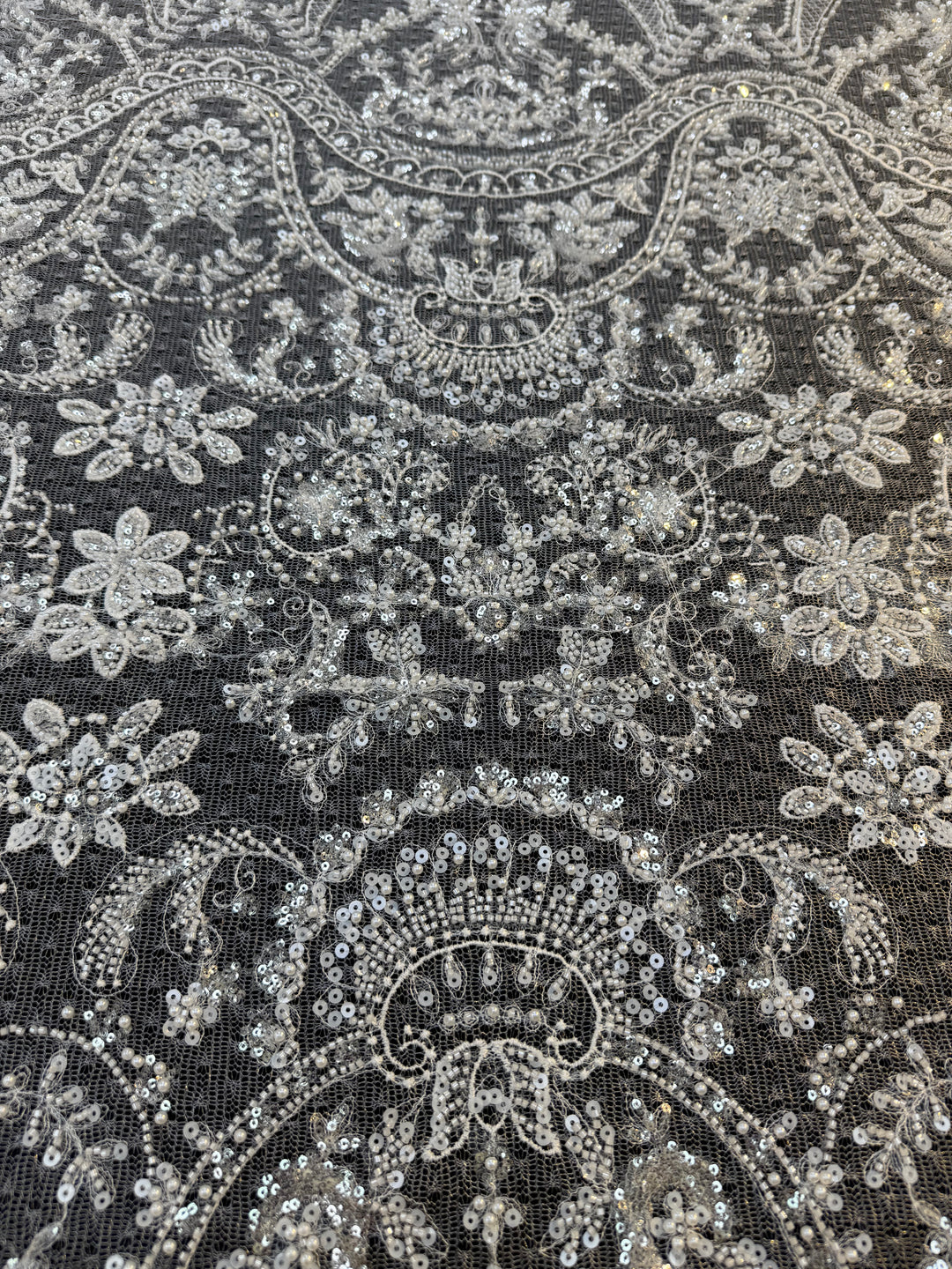 Luxury Baroque Silver Sequin Embroidered Tulle Lace – Royal Couture Fabric( 1 Piece = 3 Meter)
