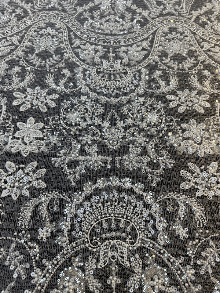 Luxury Baroque Silver Sequin Embroidered Tulle Lace – Royal Couture Fabric( 1 Piece = 3 Meter)