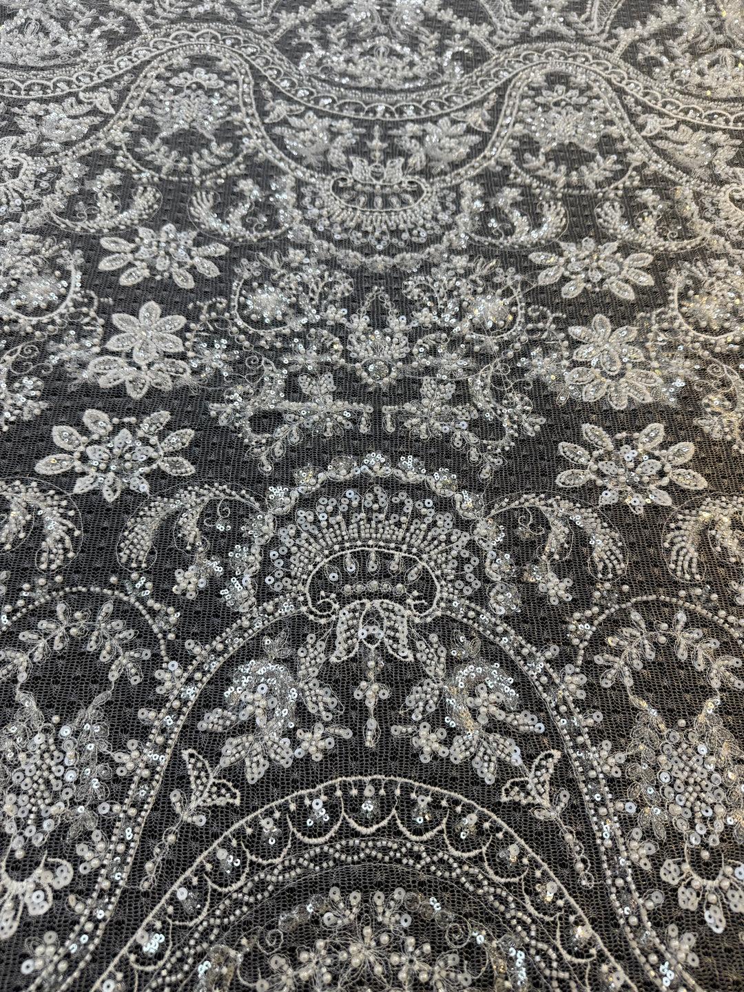 Luxury Baroque Silver Sequin Embroidered Tulle Lace – Royal Couture Fabric( 1 Piece = 3 Meter)