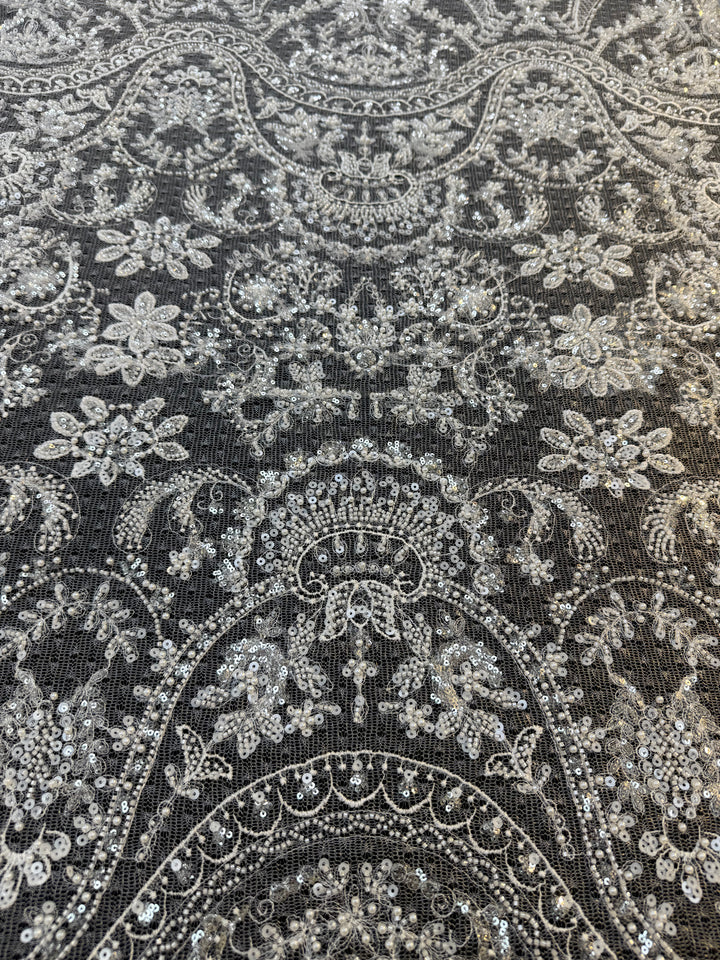 Luxury Baroque Silver Sequin Embroidered Tulle Lace – Royal Couture Fabric( 1 Piece = 3 Meter)
