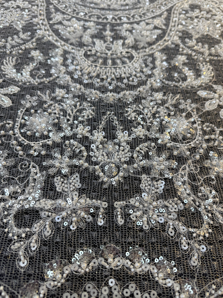 Luxury Baroque Silver Sequin Embroidered Tulle Lace – Royal Couture Fabric( 1 Piece = 3 Meter)