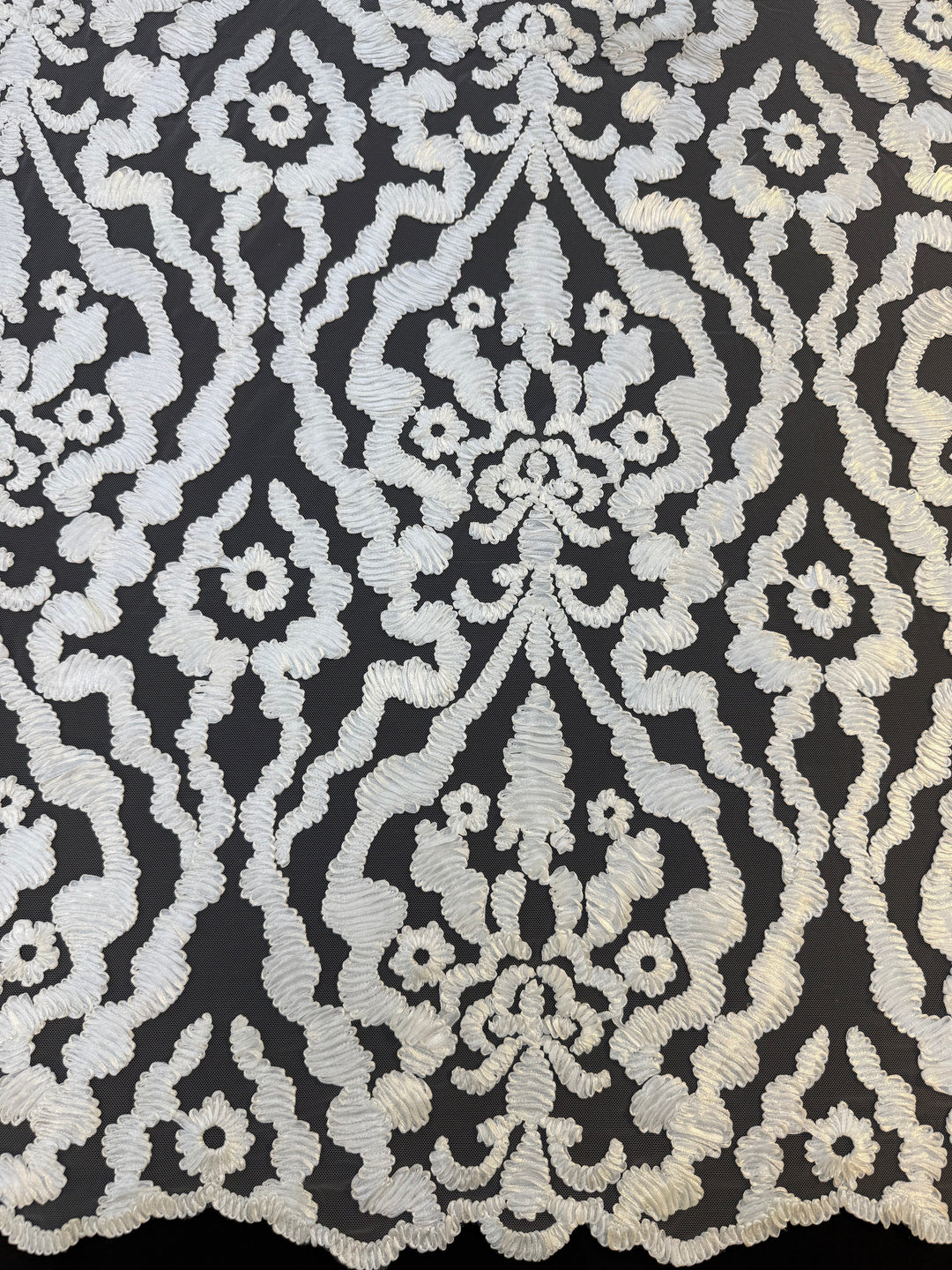 Luxury Baroque Satin Cord Embroidered Lace Fabric – White Satin Thread on Black Tulle ( 1 Piece = 3.5 Meter)