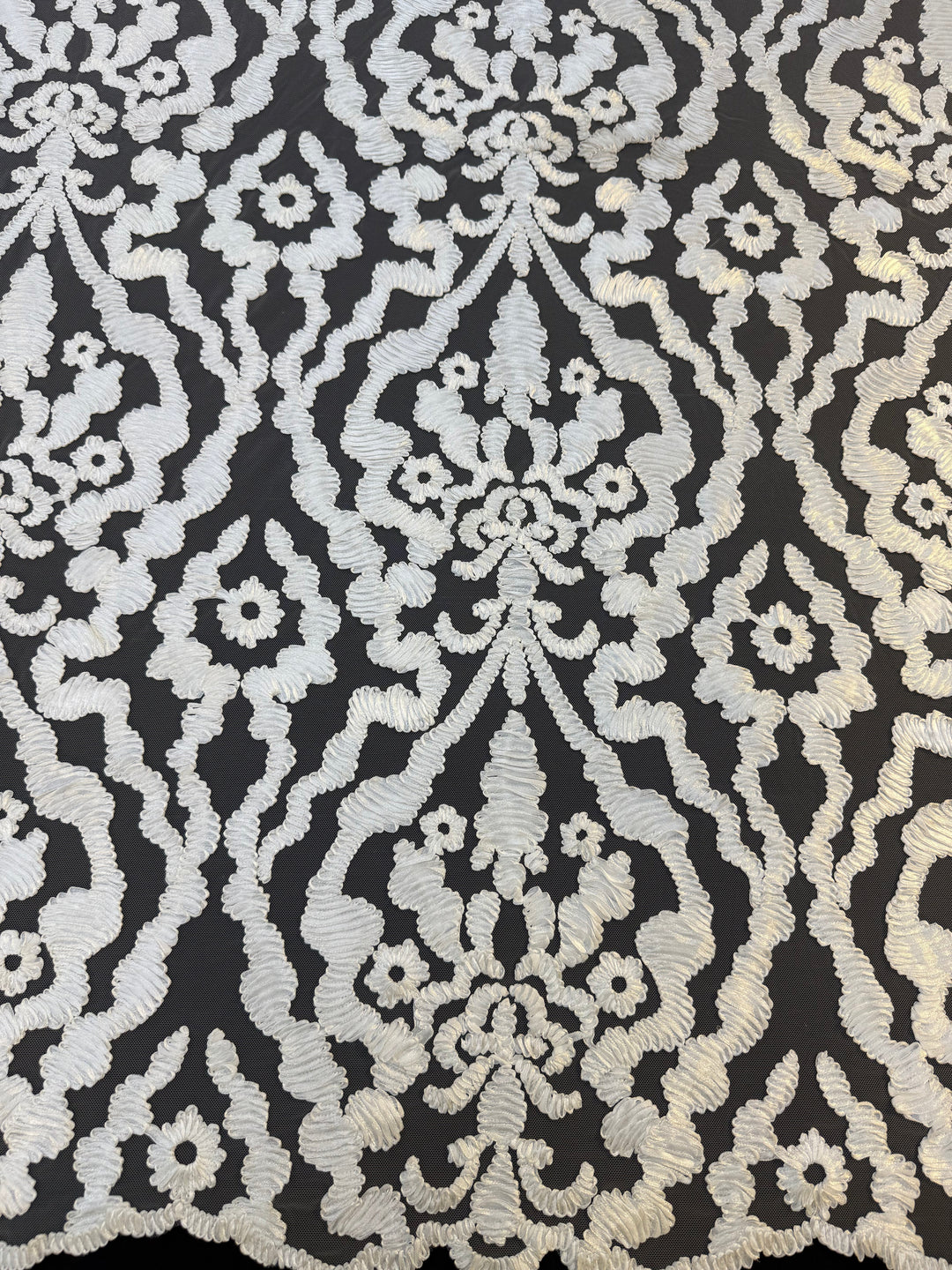 Luxury Baroque Satin Cord Embroidered Lace Fabric – White Satin Thread on Black Tulle ( 1 Piece = 3.5 Meter)