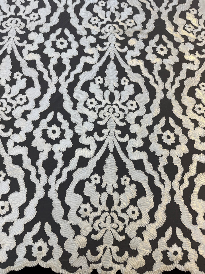 Luxury Baroque Satin Cord Embroidered Lace Fabric – White Satin Thread on Black Tulle ( 1 Piece = 3.5 Meter)